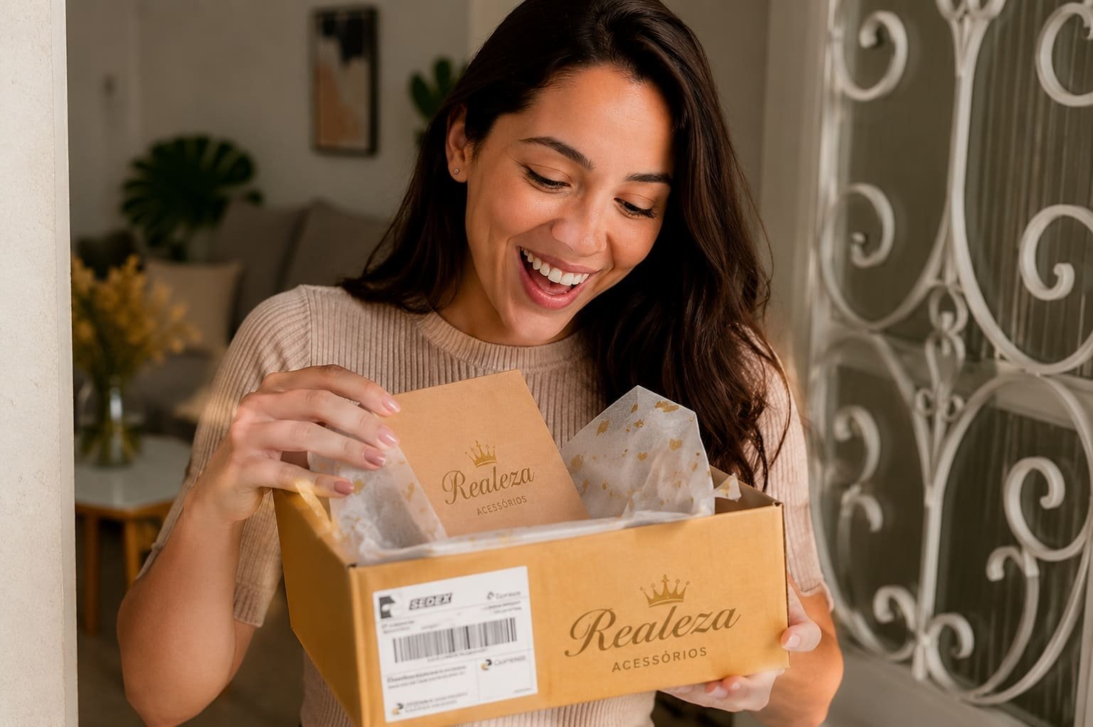 Cliente recebendo a peça em casa